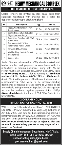 Heavy Mechanical Complex Taxila Tender Notice